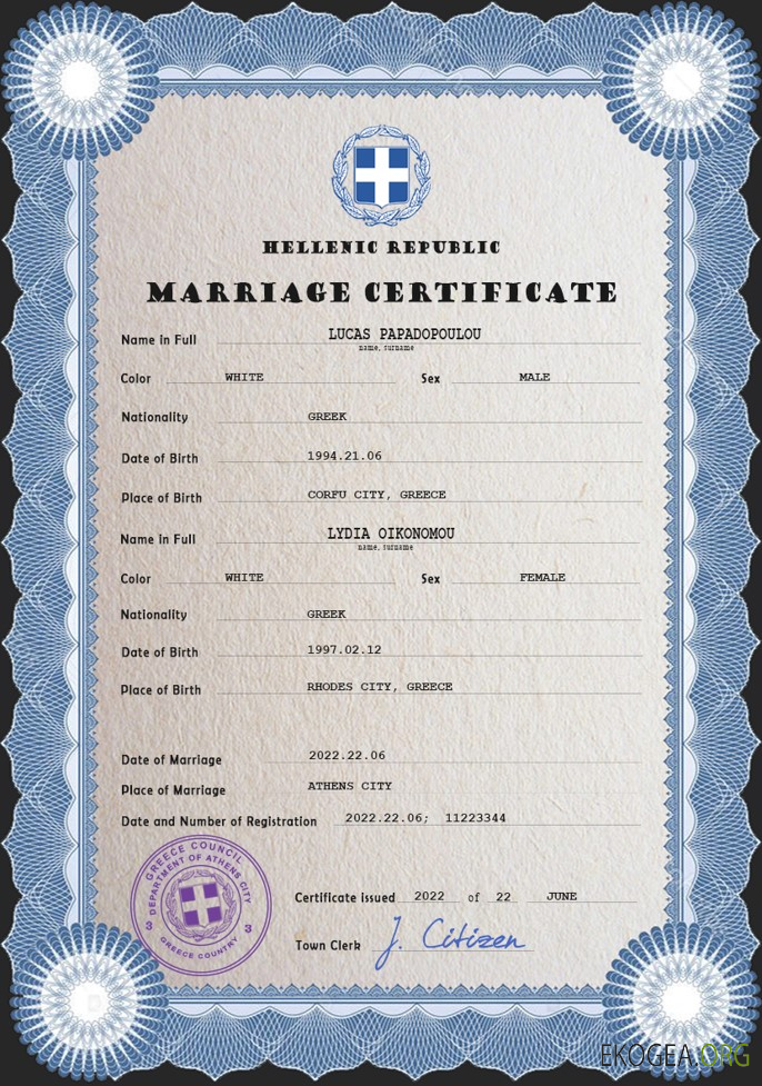 Modèle PSD de certificat de mariage en Grèce
